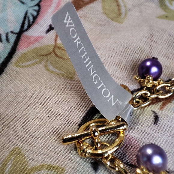 Worthington Faux Pearl Purple White Gold Tone Link Chain Toggle Bracelet NWT - Picture 5 of 6